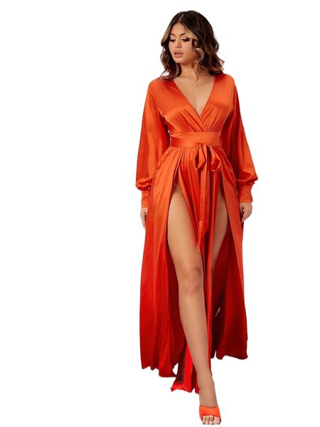 

sxy surplice neck split thigh bishop sleeve belted dress 58xj#, Black;gray