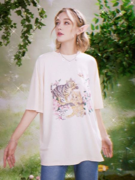 

romwe fairy grunge cats & floral print drop shoulder tee 61m9#, White