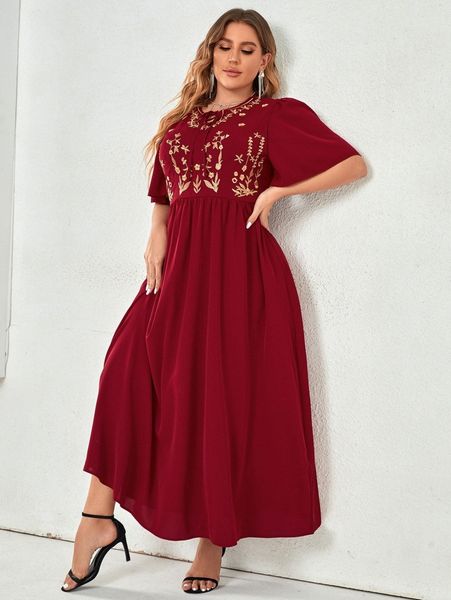 

plus floral embroidered flutter sleeve tie neck dress j8uz#, Black