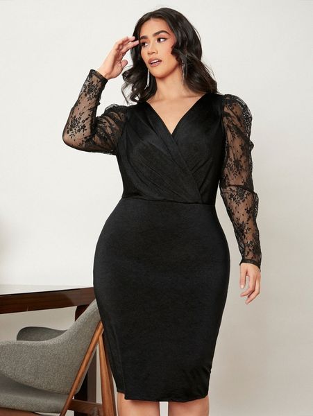 

plus contrast lace surplice neck dress j8qt#, Black