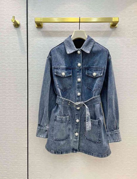 

women's jackets bead diamond breasted medium length denim coat casual girl loose lace up spring and autumn women high end, Black;brown