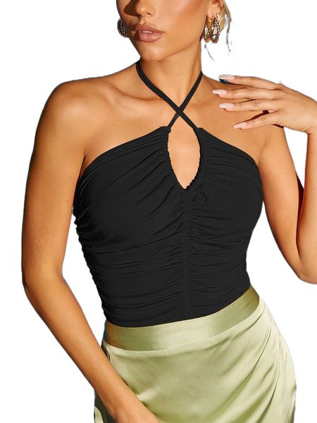 

tie backless ruched crisscross halter e7mx#, White