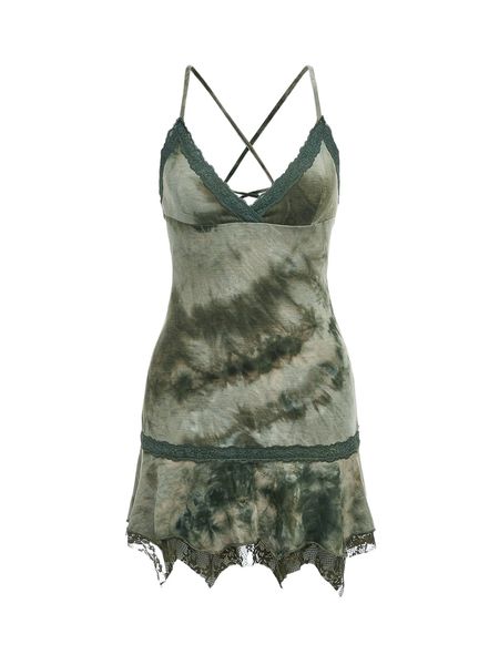 

tie dye lace trim ruffle hem lace up back cami dress j0o7#, Black;gray