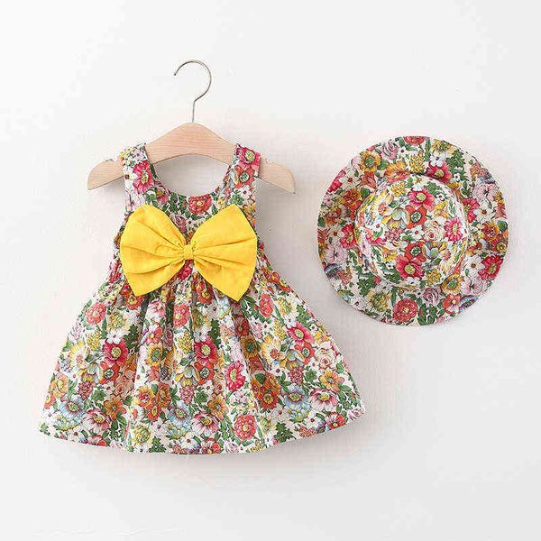 2PCS Mädchen Sommer Kleid Lässige Mode Vintage Stil Floral Prinzessin Kleid Bogen Kinder Kleidung Kleinkind Kinder Kleidung Vestidos G220428