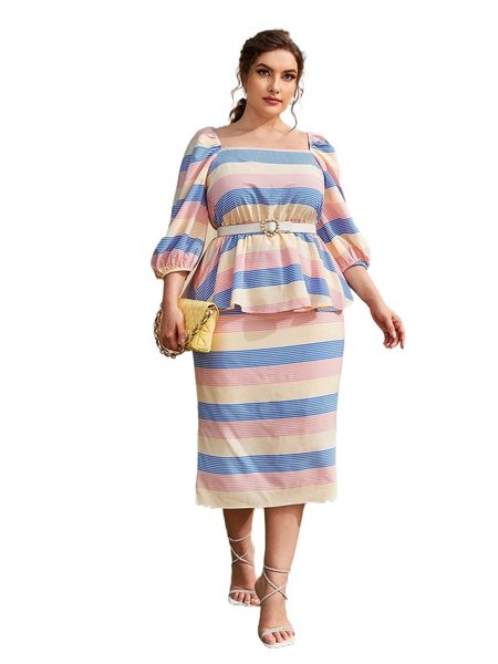 

plus striped print peplum & split hem skirt without belt i8mu#, Black