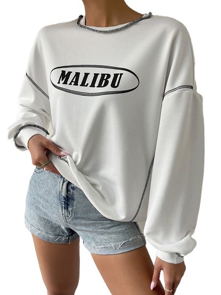 

letter graphic drop shoulder contrast stitch pullover s8sh#, Black
