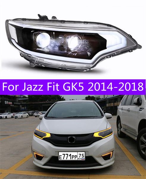 Faróis Todas as luzes LED para Jazz Fit 20 14-20 18 GK5 LED Auto Dynamic Headlight Assembly Guide DRL RHD e LHD Versão Bicofal Lens Acessórios