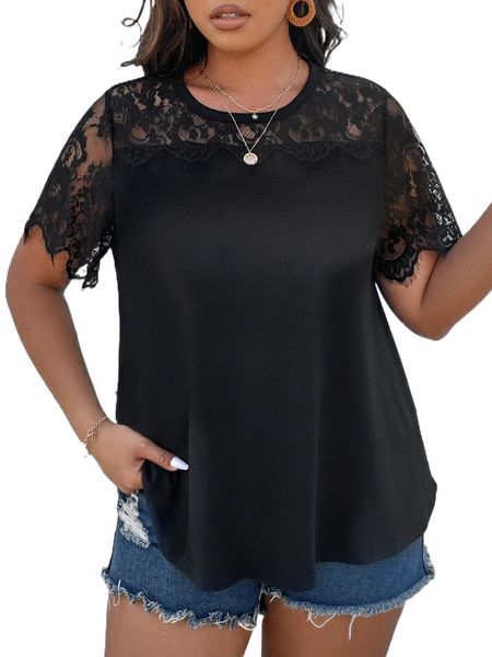 

plus contrast lace solid tee n13g#, Black