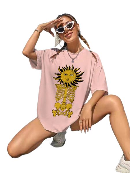 

sun & skeleton print drop shoulder tee y6pk#, White