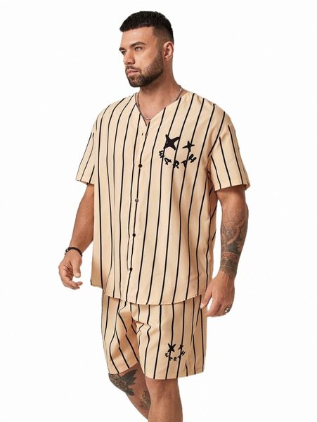 

extended sizes men striped & letter graphic shirt & shorts r2n0#, Gray
