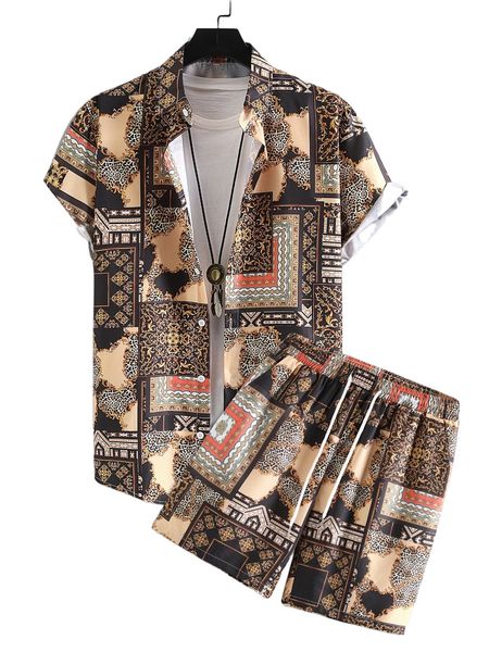 

men patchwork print shirt & drawstring waist shorts without tee l6vo#, Gray