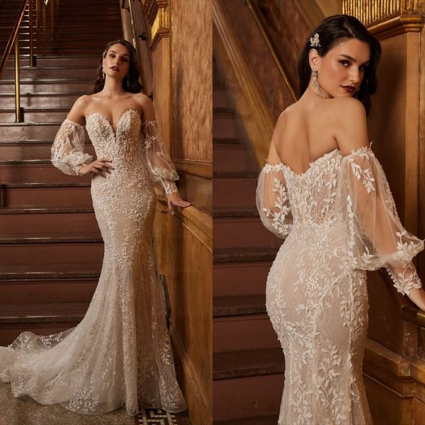 

vintage mermaid wedding dresses with removable long sleeve bridal gowns lace appliques boho robe de soirÃ©e, White