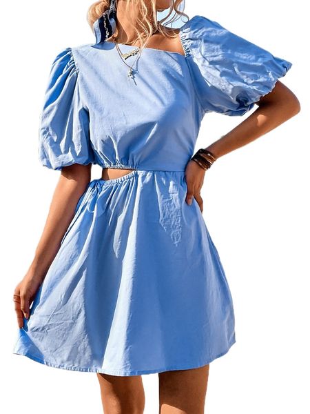 

cut out waist asymmetrical neck puff sleeve dress m2aq#, Black;gray