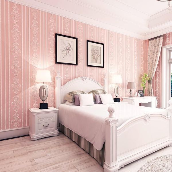 Wallpapers Rosa Streifen Tapete 3D geprägt für Schlafzimmer Wohnzimmer selbstklebende Vlies Home Decor Wandaufkleber 0,53 Quadratmeter Rolle