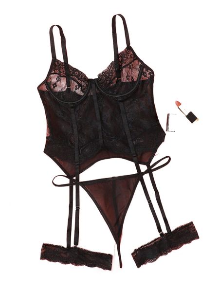 

floral pattern scallop trim lace lingerie set with garter 69dj#, Black;red