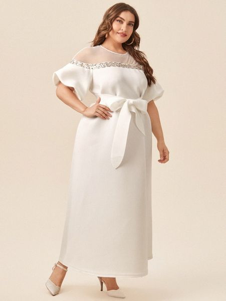 

plus sheer mesh yoke sequin detail belted dress 75la#, Black