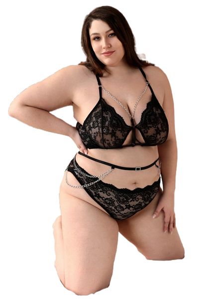 

plus 3pack floral lace chain detail wireless lingerie set t8dd#, Black;white