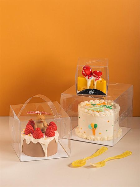 Geschenkpapier, transparent, für Geburtstagskuchen, Hochzeit, Verpackung, Box, Dessert-Griff, Kunststoff, inklusive weißer Tretlager-Quadrat-Box, Geschenk