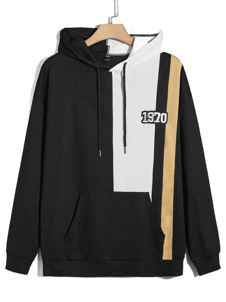 

men letter graphic color block kangaroo pocket drawstring hoodie a9gw#, Black