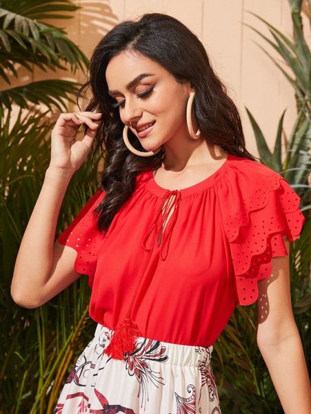 

hollow out layered sleeve tie neck blouse h1sd#, White