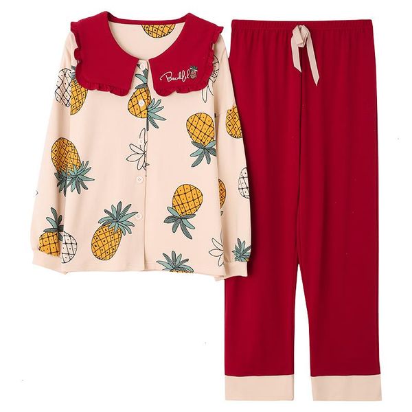 

autumn pajamas for women sleepwear knitted cotton womens pajama long sleeve turn-down collar two piece set pyjamas, Black;red
