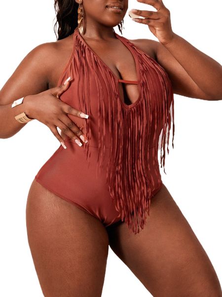 

plus fringe trim cut out tie back halter one piece swimsuit s0vy#, White;black