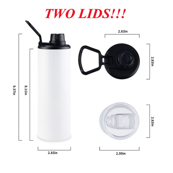 Duas pálpebras !! Sublimação Tumbler Reta DIY 20oz Skinny Tumblers com tampas de torção e tampa de corrediça regular garrafa de água em branco Frasco de aço inoxidável pode pendurar navio rápido