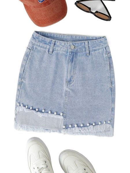

asymmetrical raw hem pearls detail denim skirt c0fo#, Black
