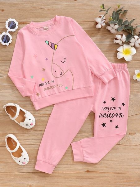 

little girl slogan and unicorn print pullover and panties she, White