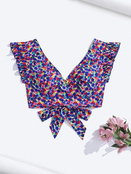 

x amy christine ditsy floral ruffle armhole tie hem y48s#, White