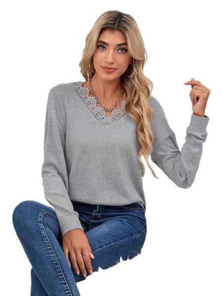 

contrast guipure lace drop shoulder pullover b6al#, Black