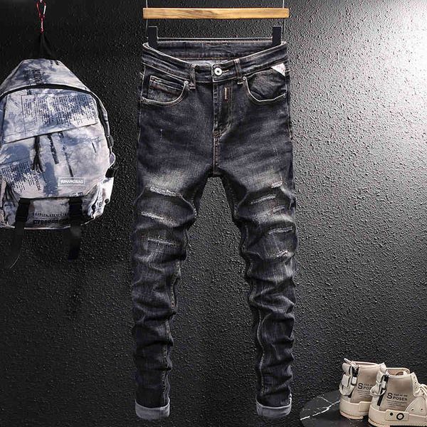 

men's jeans fashion brand washed hole jeans men's black gray youth fashion slim fit small feet trend elastic straight tube ipyz, Blue