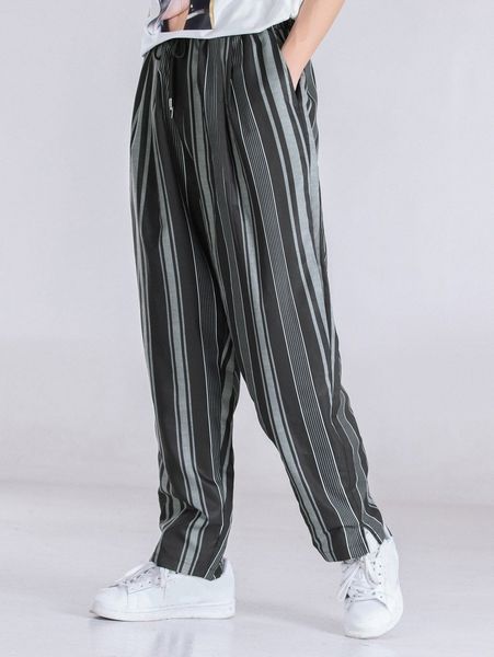 

men striped print slant pocket pants j8jw#, Black