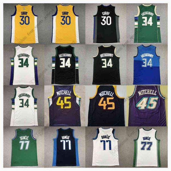 

retro mitchell and ness basketball jerseys 30 curry 34 giannis stephen antetokounmpo 45 mitchell 77 luka donovan doncic irving young dosunmu, Black