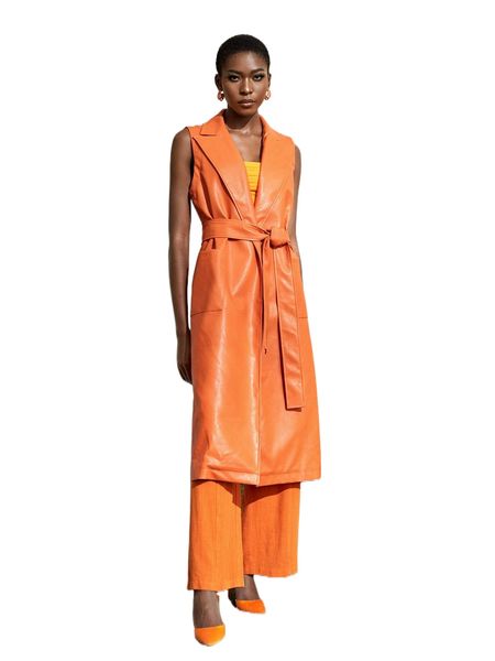 

x circe double pocket belt pu leather trench coat j14k#, Tan;black