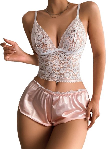 

floral lace longline bralette with satin shorts z81o#, Black;red