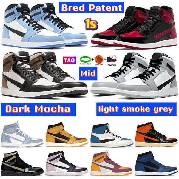 

mens royal patent bred 1 basketball shoes 1s university high dark mocha twist light smoke grey chicago unc bordeaux royal toe, Black