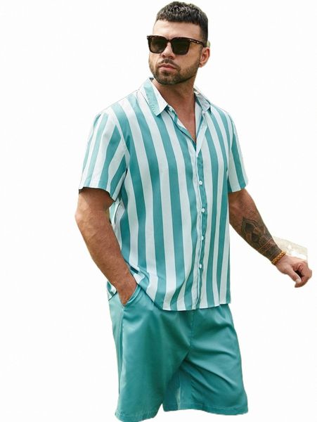 

extended sizes men striped shirt & slant pocket shorts m25s#, Gray