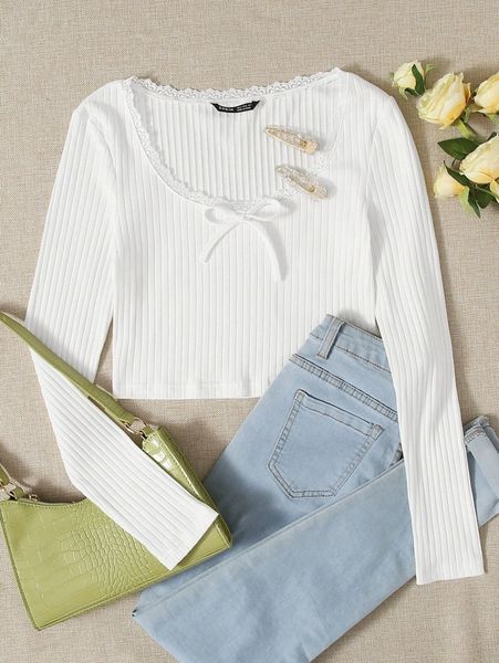 

lace trim bow front rib-knit c8h1#, White