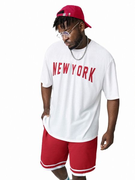 

extended sizes men letter graphic tee & contrast trim shorts l4mt#, Gray