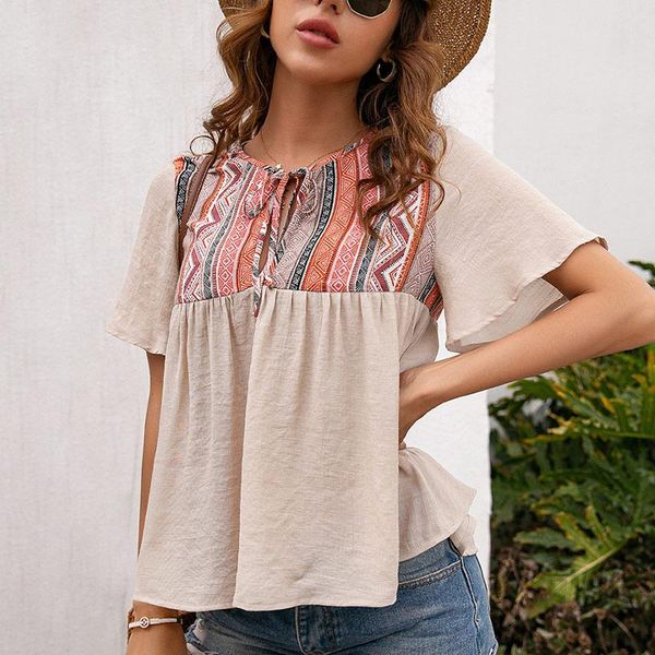 

women's t-shirt geometry print o-neck lace up pleated women tshirt short sleeve loose pritned patchwork ladies summer casual, White