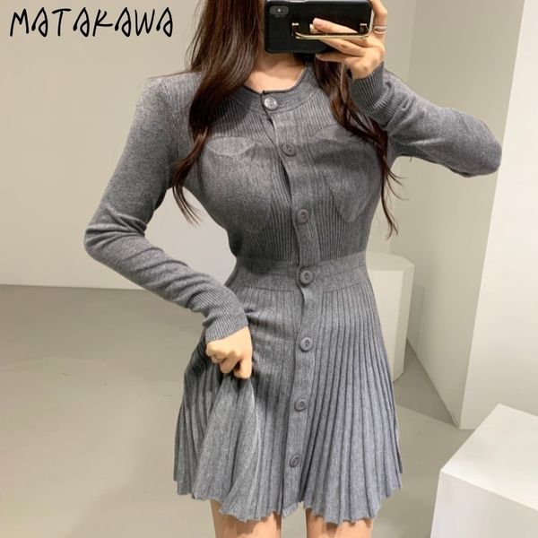 

french temperament ladies waist thin short pleated women dress autumn korean wind knitted sweater dresses 210506, Black;gray