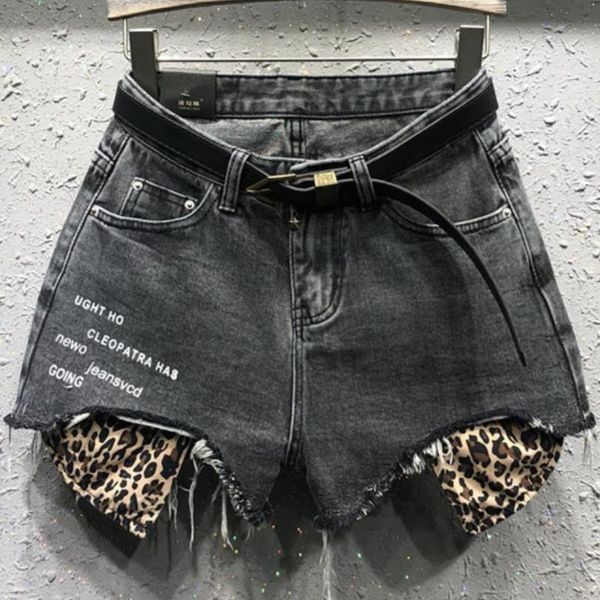 

spring summer denim shorts wide leg women hole loose fashion leopard jeans shorts y200512, White;black