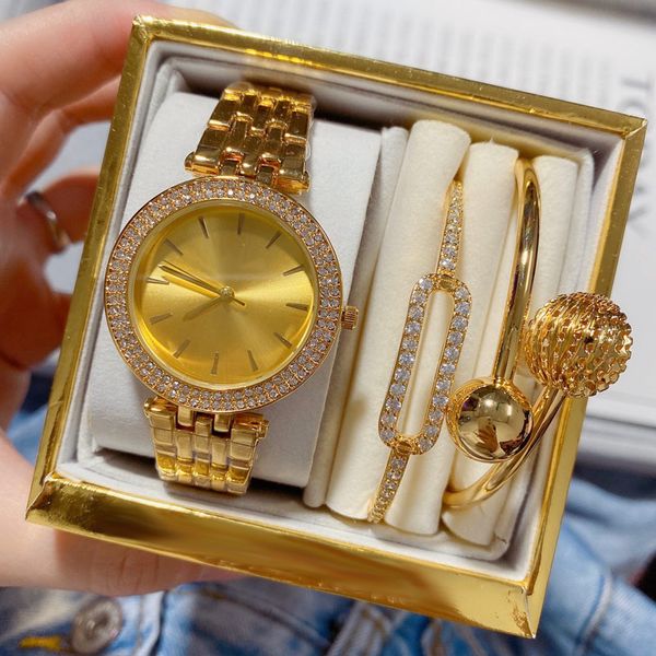 

luxury 3 sets womens watches bracelets brand rose gold wristwatches lady designer diamond watch for women christmas birthday gifts with gift, Slivery;brown