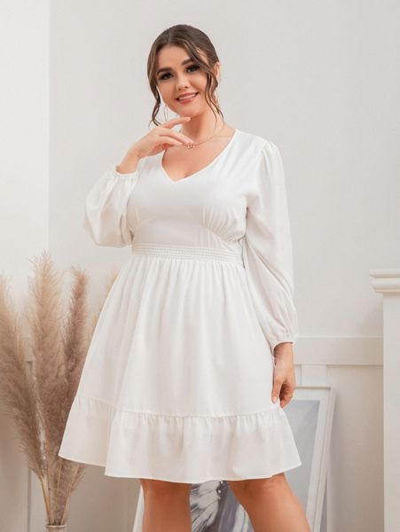

plus guipure lace panel lantern sleeve ruffle hem dress x6la#, Black