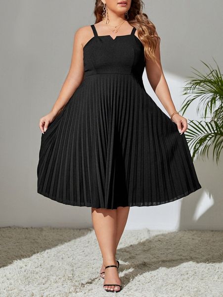 

plus notched detail pleated hem cami dress v141#, Black
