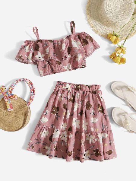 

sheen little girl print cut shoulder and skirt set she, White