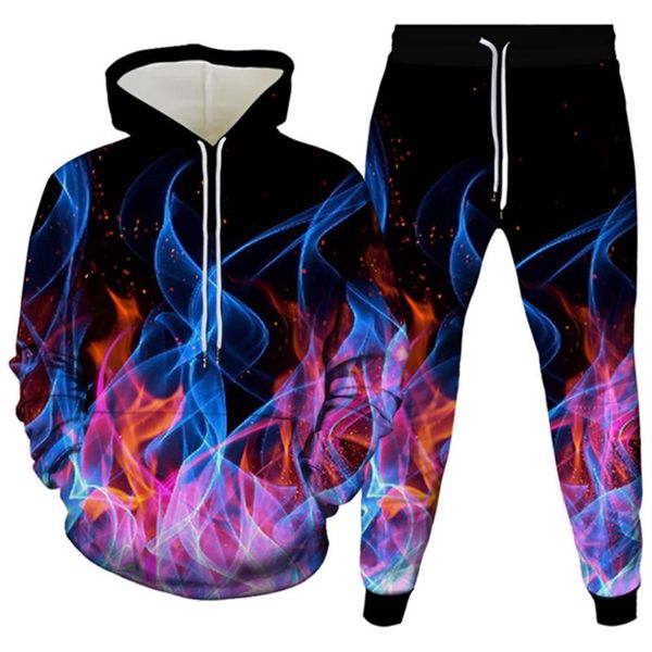 Herren-Trainingsanzüge, springende Flamme, bunter Feuerdruck, Herrenmode, Kleidung, Hoodies, Hosen, 2-teiliges Set, Damen, Teenager, Sportbekleidung, Anzug, Größe S-6XL