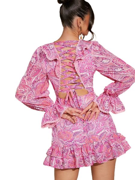 

lace up back flounce sleeve paisley print ruffle hem dress y2uf#, Black;gray