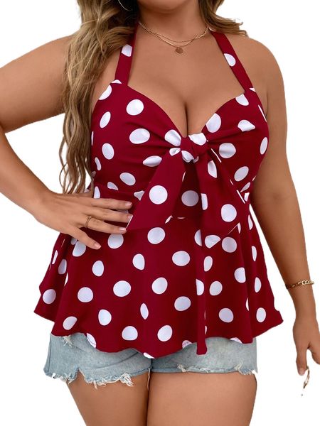 

plus polka dot shirred tie backless peplum halter c8bz#, Black